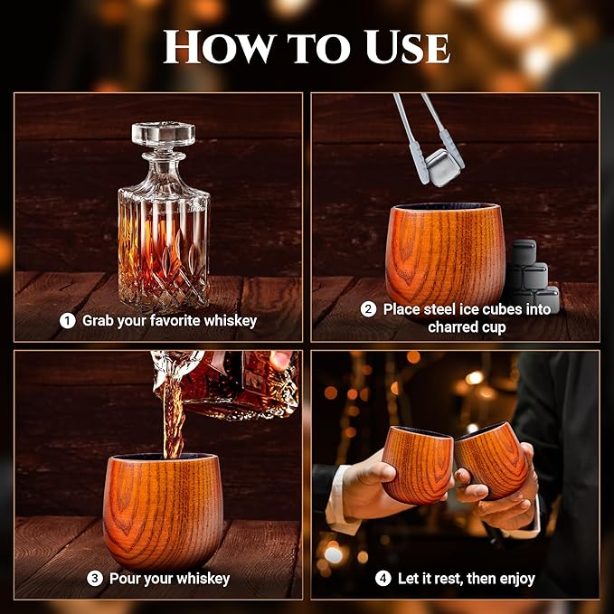Premium Charred Wooden Whiskey Bourbon Drinking Glasses | Whisky Gifts for Men, Dad, or Brother | Handcrafted Old Fashioned Glasses Tumblers with 6 Stainless Steel Ice Cubes and Tongs | Set of 2