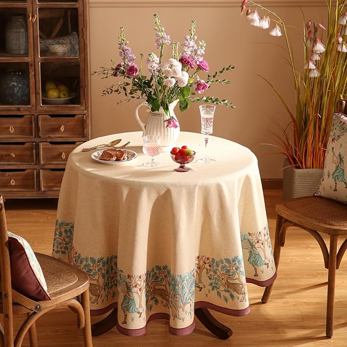 patdrea Designer Vintage Linen Round Tablecloth,Beige Breathable French Trees Pattern Table Cloth,Fall Decoration Table Cover for Kitchen Dining Christmas,Thanksgiving,Diameter 67"-Tatiana D