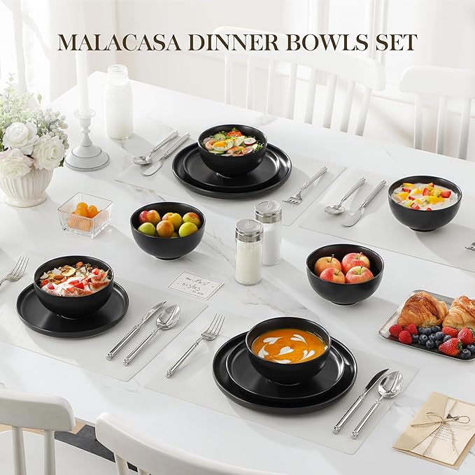 MALACASA 26 OZ Porcelain Soup Bowls Set of 6, Black Ceramic Bowls for Kitchen, Cereal Bowl for Oatmeal, Fruit, Salad, Ramen and Rice Bowl -Dishwasher & Microwave Safe Bowls