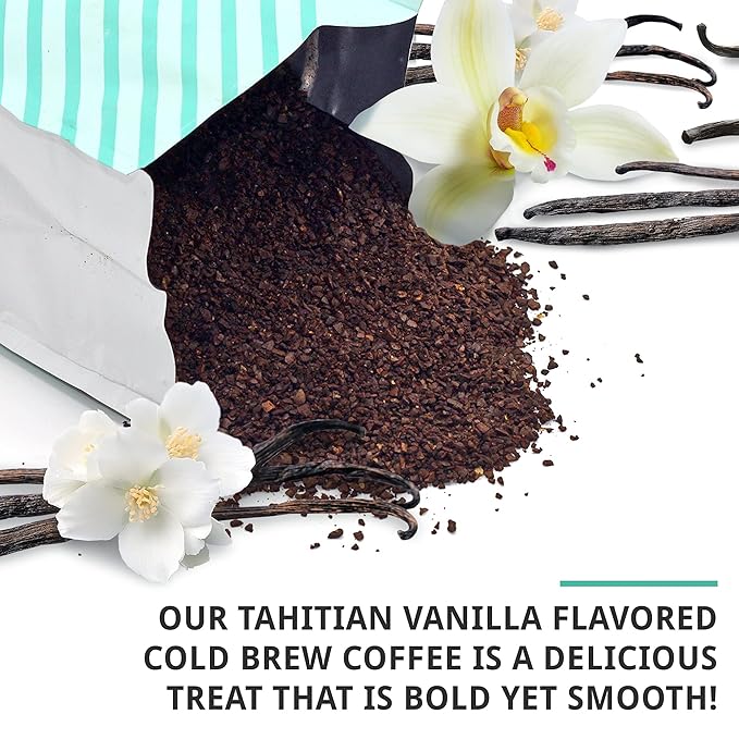 Cold Brew Organic Coarse Ground Flavored Coffee, Vanilla Flavor, Dark Roast, Colombian Supremo, Coarse Grind for Cold Brew Coffee & French Press,1 LB
