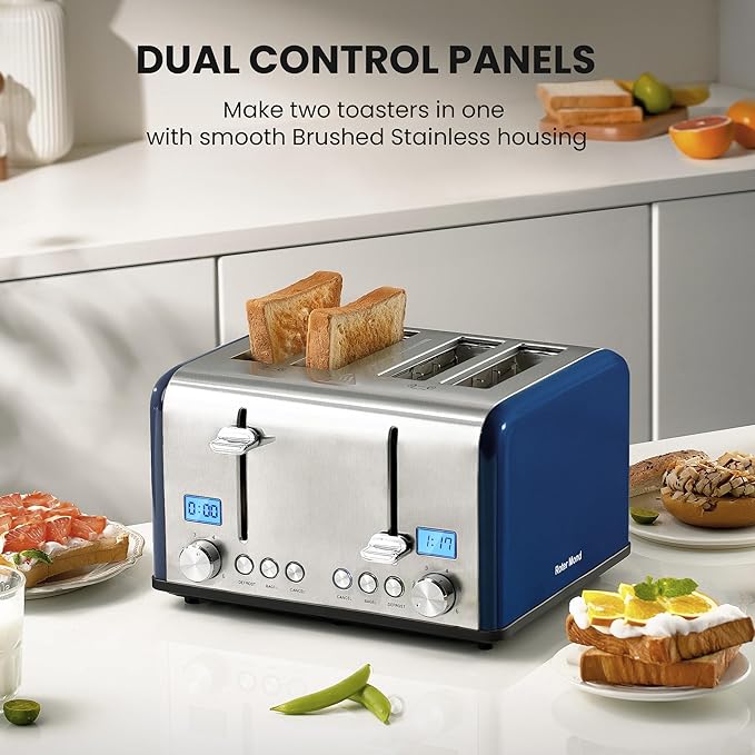 Roter Mond Countdown Stainless Steel 4 Slice Toaster with Bagel, Defrost, Cancel Function, Dual Toaster, Extra Wide Slots, 6 Shade Settings, Removable Crumb Trays, 1650W, Blue