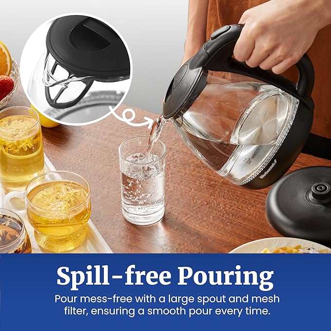 Elite Gourmet EKT1001 Electric 1.0L BPA-Free 1100W Glass Kettle Cordless 360° Base, Stylish Blue LED Interior, Handy Auto Shut-Off Function – Quickly Boil Water For Tea & More, Black