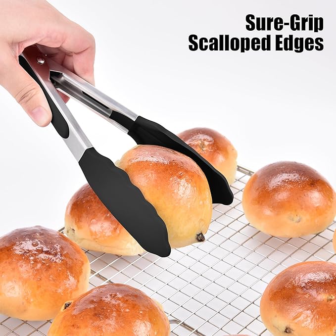Doosu Kitchen Tongs for Cooking - 600°F Heat Resistant Food Tong with Non-Scratch Silicone Tips, Heavy Duty Stainless Steel Locking Tong for BBQ, Grilling Steak, Serving Salad, Pasta (7in, Black)