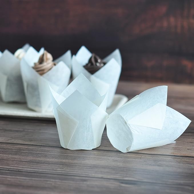 Large size White+Brown Tulip Baking Cups 2-1/4"(Base diameter) x 4"(Wall height) Greaseproof paper baking cupcake Muffin liners, Case of 130 pcs