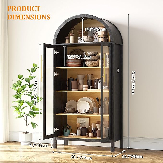 Arched Kitchen Pantry Cabinet with Glass Doors, Display Curio Case with 3 Color LED Lights for Collectibles, Modern 5-Tier Storage Hutch Cabinet for Kitchen, Dining Room, Black