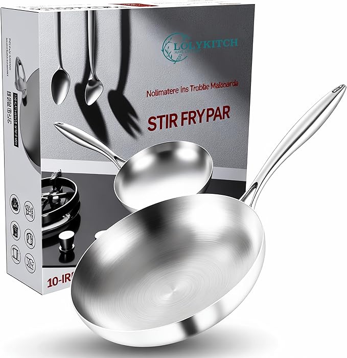 LOLYKITCH 10 Inch Tri-Ply Stainless Steel Frying Pan,Skillet,Chef's Induction Pan,Dishwasher and Oven Safe.