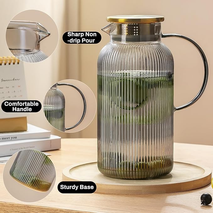 2 PACK Glass Pitcher with Lid, 68 oz/ 2 Liter Gray Classic Vertical Stripes Water Pitcher,Glass Water Carafe for Cold Brew, Coffee, Lemonade, Iced Tea,Beverage, Heat Resistant Water Glass Jug