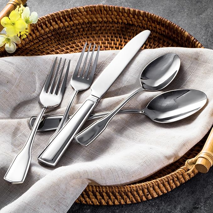 KINGSTONE 60-Piece Silverware Set, 18/10 Stainless Steel Flatware Set for 12, Tableware Cutlery Set, Utensil Sets for Home Restaurant, Mirror Finish, Dishwasher Safe