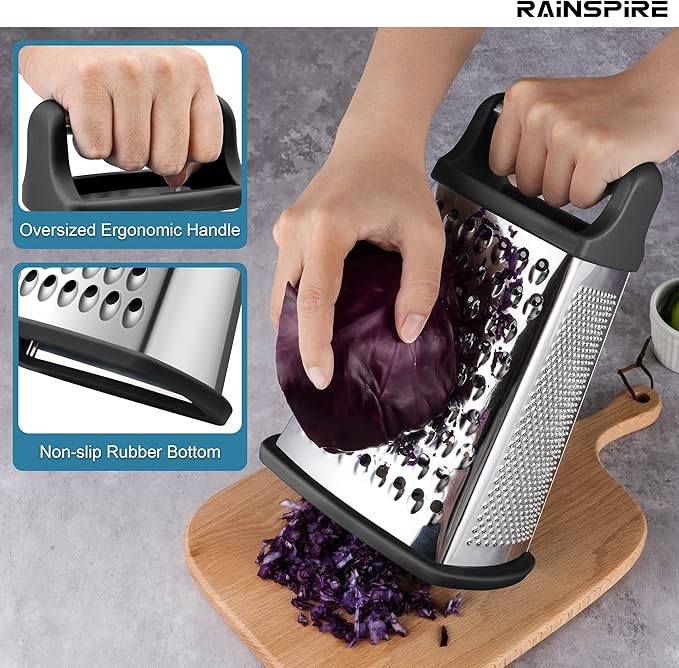 Rainspire Professional Box Grater, Cheese Grater Box for Kitchen Stainless Steel with 4 Sides, Cheese and Spice Graters with Handle for Vegetables, Ginger, Potatoes, Black