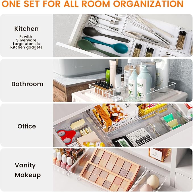 Criusia 36 Pack Large Clear Plastic Drawer Organizer Bins - 6 Size Acrylic Kitchen Drawer Organization and Storage for Utensils Gadgets, Office Bathroom and Vanity Organizer for Makeup Accessoires