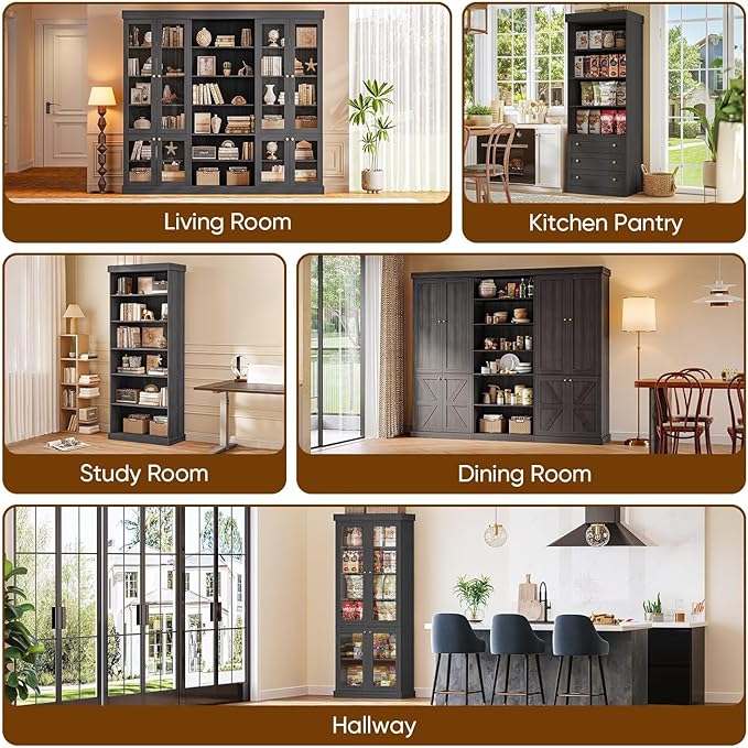 70.8" Bookshelf with Glass Doors, Farmhouse Modular Bookcase with 6-Tier Adjustable Shelves, Large Storage Cabinet for Living Room & Home Office, Black
