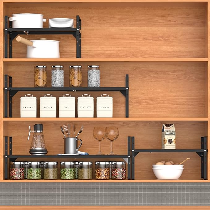 iPEGTOP 2 Pack Expandable Cabinet Storage Shelf Organizer Rack, Heavy Duty Steel Metal Spice Rack Adjustable Height Office Garage Pantry Shelf Space Riser for Counter Kitchen Organization, Black