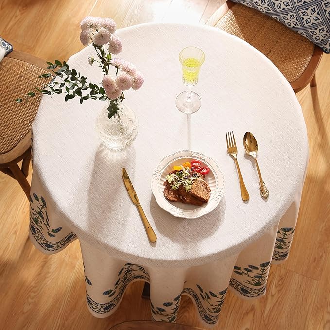 patdrea Designer Blue Small Tablecloth for Round Table,Linen Leaves Pattern Anti-Wrinkle Floral Tablecloths,Farmhouse Floral Table Cover Decor for Kitchen Dining,Thanksgiving,Diameter 55"-Ivar B