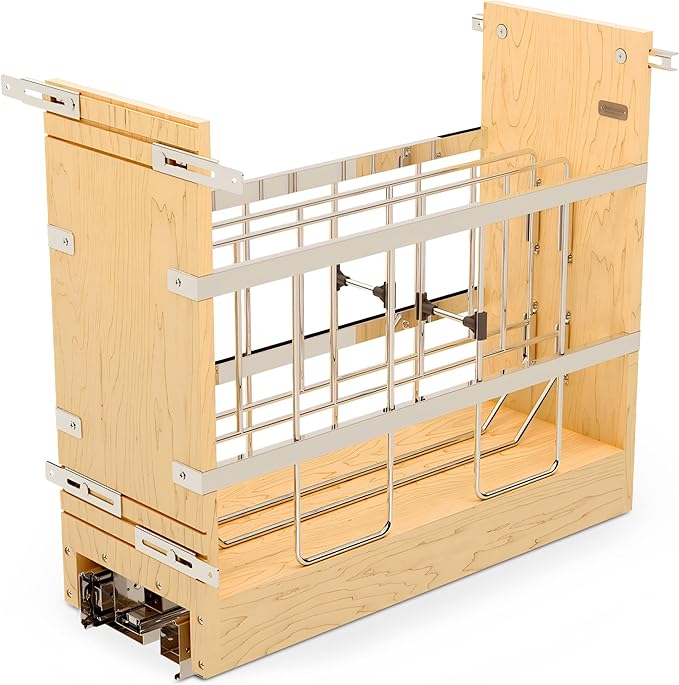 Rev-A-Shelf 8" Wooden Pullout Shelf Bakeware Organizer for Base Kitchen Cabinets with Soft Close and 100 Pound Ball-Bearings, 447-BCBBSC-8C