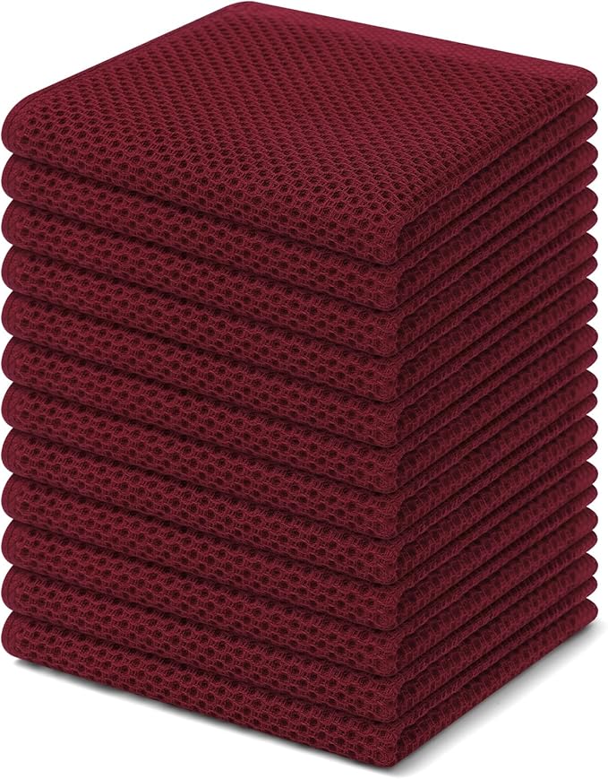 Homaxy 100% Cotton Waffle Weave Kitchen Dish Cloths, Ultra Soft Absorbent Quick Drying Dish Towels, 12 x 12 Inches, 12-Pack, Burgundy