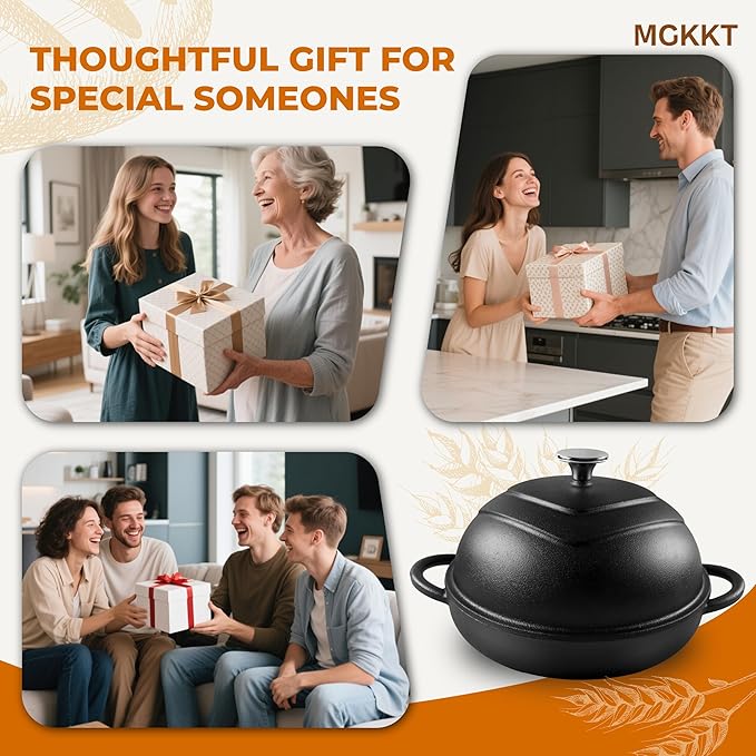 MGKKT Enamelled Cast Iron Dutch Oven with Cloche Lid, 5QT Round Bread Pot for Sourdough Bread Baking, Baking Enthusiast Gift, Cast Iron Bread Oven, Black