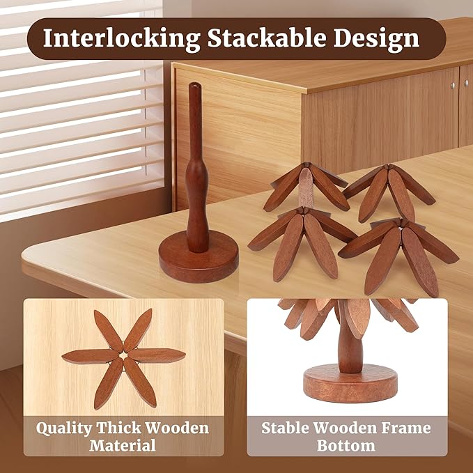 Tree Shape Wooden Trivets for Hot Dishes，4 Wooden Trivets + 1 Stand stored Like a Christmas Tree，for Easy Storage，Multifunctional Ornaments (Beech)
