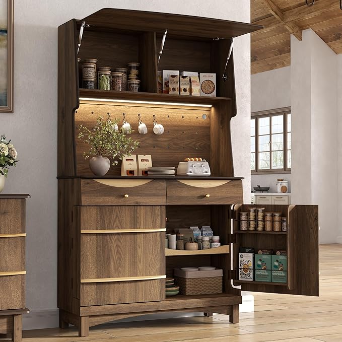 STO'SENSE 72’’ Kitchen Pantry Cabinet w/Power Outlets, Tall Storage Cabinet w/LED Light, FILP-up Door & Pegboard, Freestanding Kitchen Hutch w/Drawers, Solid Wood Handles (Walnut)