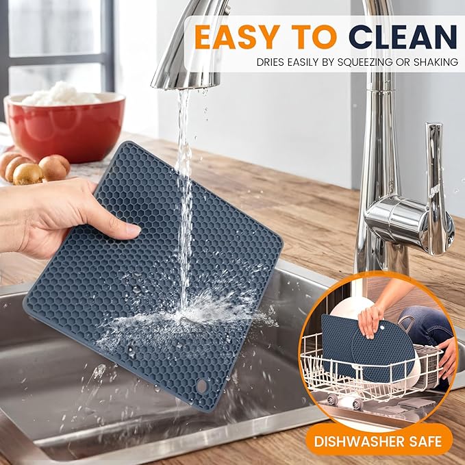Silicone Trivet Mats 4 Heat Resistant Pot Holders Multipurpose Non-Slip Hot Pads for Kitchen Potholders, Drying mat, Jar Opener, Spoon Holder, Coaster(Navy Blue)