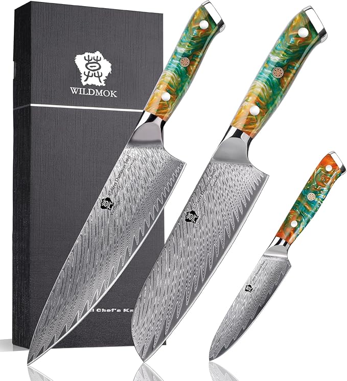 WILDMOK Damascus Kitchen Knife Set, Chef Knife Set, Sharp Damascus Steel Forged Blade Kitchen Knives Set with Ergonomic Resin Handle