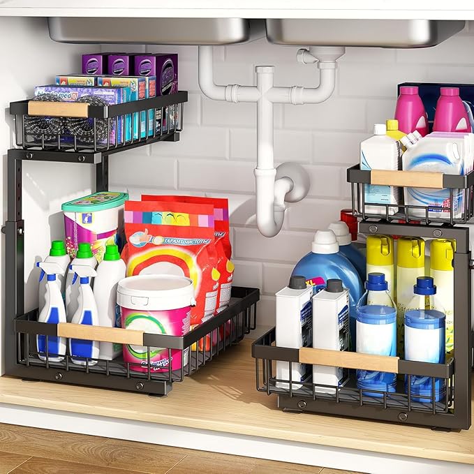 PXRACK Large Under Sink Organizer, Adjustable Height, 2-Tier Slide Out,Thickened Metal Shelf Under Sink Storage for Kitchen, Bathroom, Cabinet,Pantry,Black,1 PACK,Small Space-saving