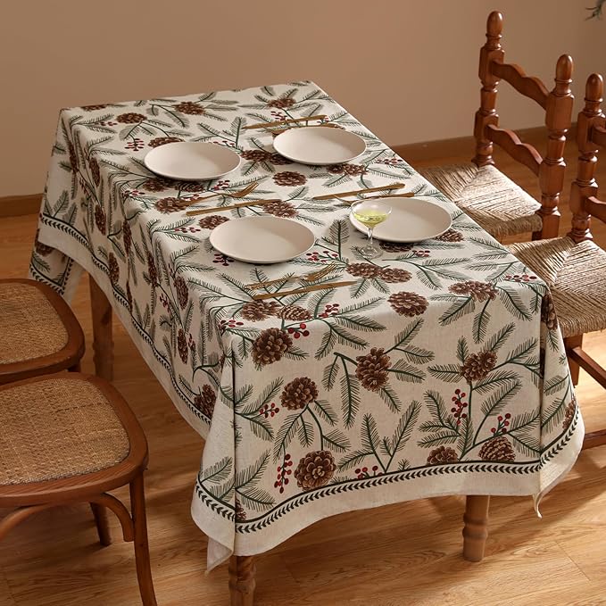 ISAENNE Designer Christmas Beige Linen Table Cloth for Rectangle Table,Pinecones Pattern Indoor Tablecloths,Washable Decor Tablecloth for Dining Thanksgiving Kitchen Christmas,55"*79"-Carol B