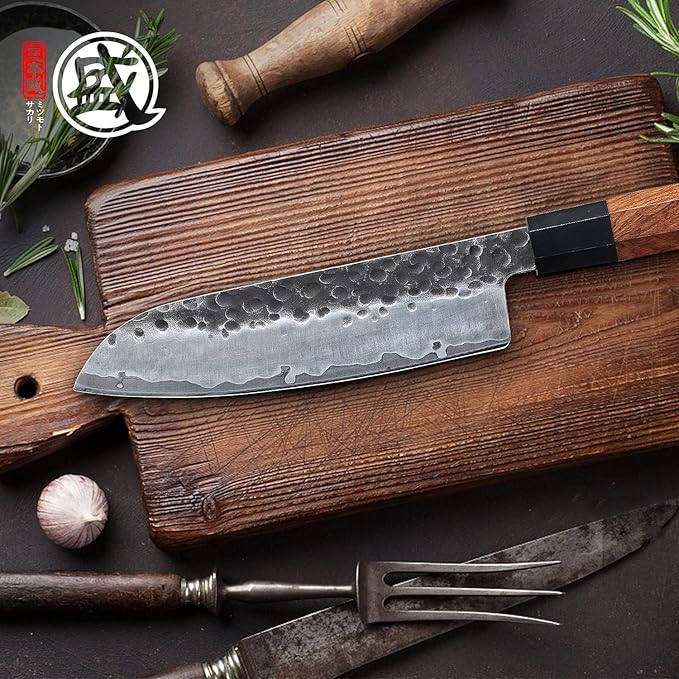 MITSUMOTO SAKARI Santoku Chef Knife 7 inch - Hand Forged Japanese Kitchen Knives, 3-Layer 9CR18MOV High Carbon Steel, Rosewood Handle & Sandalwood Box