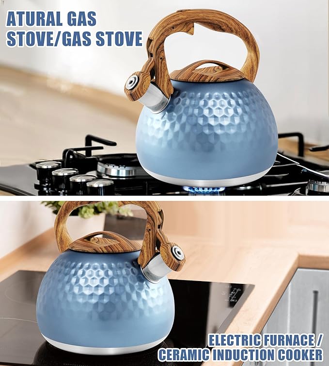Stainless Steel Tea Kettle Blue, Teapot 3.2 Quart Whistling Tea Kettle, Tea Pots for Stove Top with Wood Pattern Handle, Gas Electric Applicable