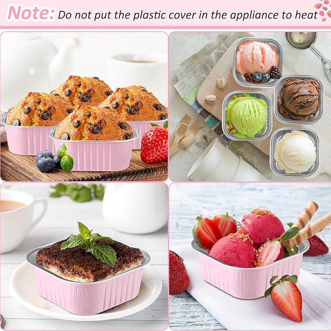 Aoriher 150 Pieces 10 oz Mini Cake Pans with Lids Aluminum Foil Baking Cups Square Disposable 4" x 4" Large Cupcake Cups Baking Tins for Kitchen Brownie Pudding Desserts Holders(Pink)