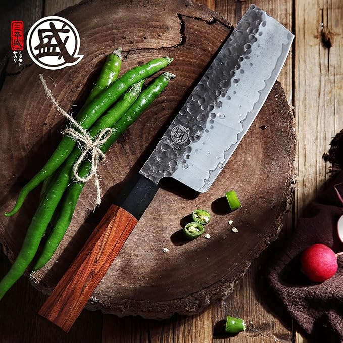 MITSUMOTO SAKARI Nakiri Chef Knife 7 inch - Hand Forged Japanese Kitchen Knives, 3-Layer 9CR18MOV High Carbon Steel, Rosewood Handle & Sandalwood Box