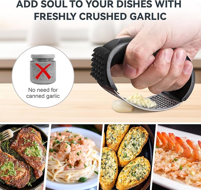 2 Pack Garlic Press Rocker Set – Innovative Stainless Steel Garlic Mincer & Crusher with 2 Peelers, 2 Scrapers, and 2 Brushes for Effortless Garlic Prep | Complete Garlic Tool Kit (BLACK)