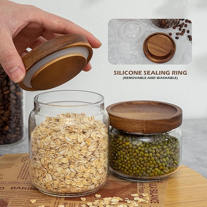 1 PC Small Glass Storage Jars with Airtight Lids, 11 fl oz (300ml) coffee container with Wooden Lid, Glass Pantry Canister for Beans, Rice, Sugar and etc