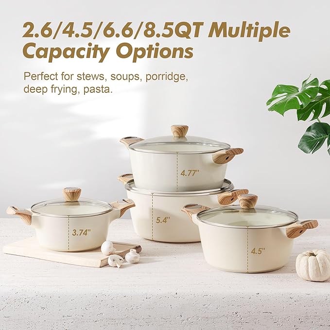 SENSARTE Ceramic Nonstick Stock Pot with Lid, 2.6/4.5/6.6/8.5 QT Soup Pot Casserole Pot, Non-toxic Healthy Pasta Pot, Large Cooking Pot Stew Pot, Induction Compatible, PFOA PFAS PTFE Free, White
