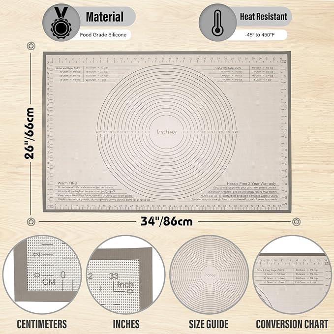 Silicone Pastry Mat 34 X 26 Inch - Nonstick Baking Mat Perfect for Dough, Pastry, Pie Crust, Fondant, Bread, Cookies, Pasta, Pizza