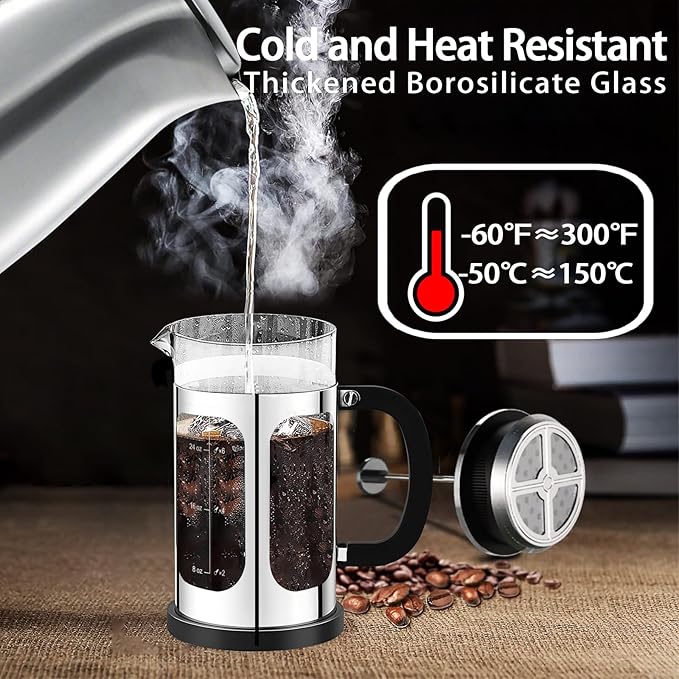 French Press Coffee Maker (34oz 1Quart 5-6Cup) Coffee Press, with 4 Filters System, Heat Resistant Thickness Borosilicate Glass, Cold Brew Coffee Tea Pot Gifts (Silvery)