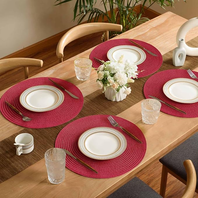 FunWheat Round Braided Placemats Set of 6 Place mats for Dining Tables Woven Heat Resistant Table Mats 15 inch (Wine)