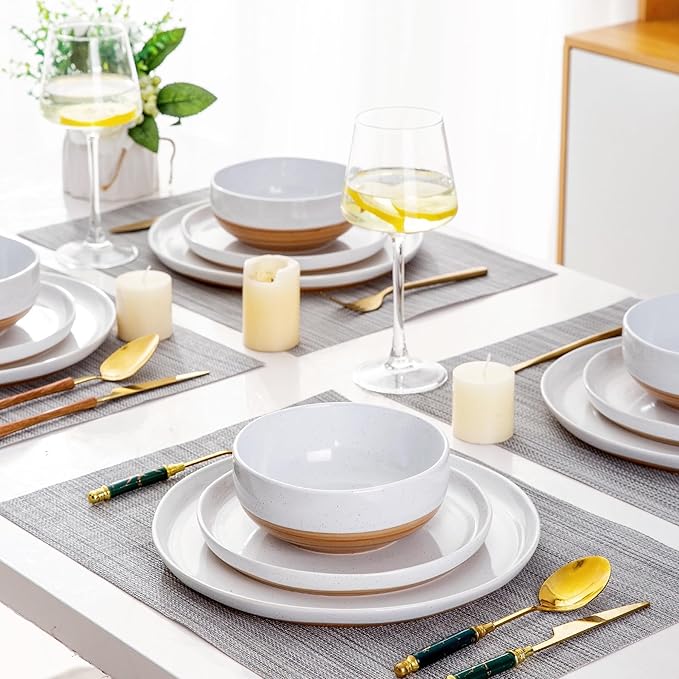 AmorArc Ceramic Dinnerware Sets for 6, 18 Pieces Handpainted Plates and Bowls Set with Rustic Terracotta Underside, Scratch Resistant Stoneware Dishes Set, Dishwasher & Microwave Safe, White