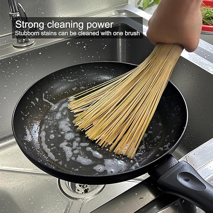 Bamboo Wok Brush 2 Pack – Handmade Natural Scrubbers for Carbon Steel & Cast Iron, 100% Bamboo, No Metal, Eco-Friendly Kitchen Cleaning Brushes for Woks, Pans, Dishes, Teapots(for All Pots)