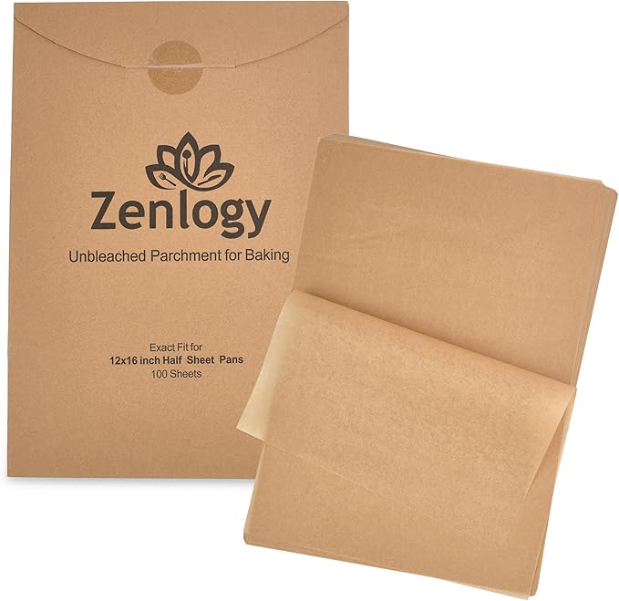 Zenlogy Parchment Paper Sheets 12x16 (100 sheets) for Baking - Unbleached Chlorine-free High Heat Non-Stick Pre-Cut Parchment Paper for Half Sheet Pans