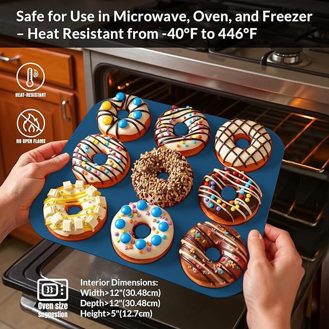 Large Silicone Donut Pan for Baking, 9 Cavity Non-Stick Food Grade Silicone Donut Molds, Doughnut Pan and Bagel Pans for Baking & Kitchen, BPA Free 11.2 x 11.1 Inches, Dishwasher Safe - Blue