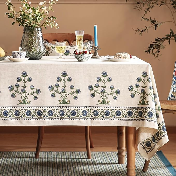 patdrea Designer Linen Vintage Blue Rectangle Tablecloth,Leaves Pattern Anti-Wrinkle Floral Extra Long Table Cloth,French Table Cover for Kitchen Dining,Thanksgiving,Party,63"x110"-Ivar B