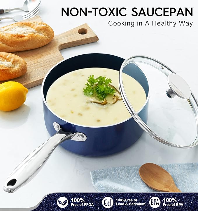 MICHELANGELO Saucepan Set, 1Qt & 2Qt Ceramic Sauce Pan with Lid, Nonstick Saucepans with Lids, Small Pot with Stainless Steel Handle, Oven Safe, Blue