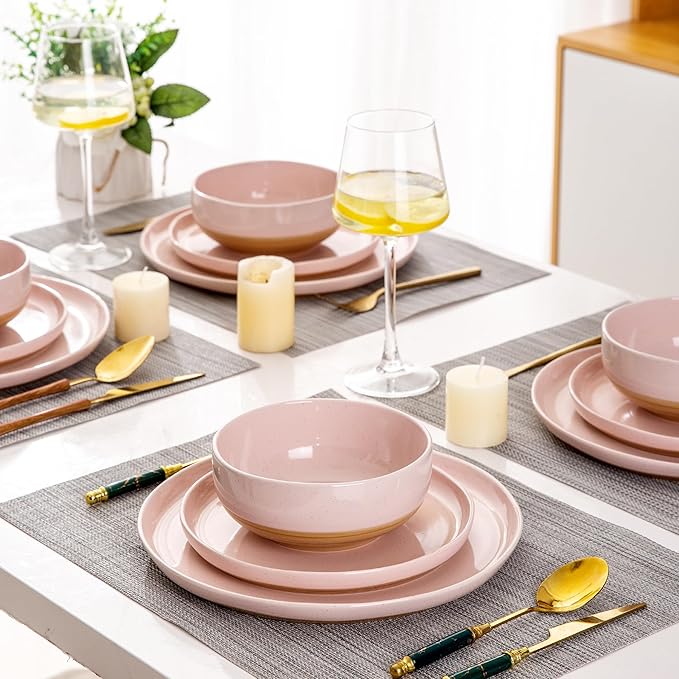 AmorArc Ceramic Dinnerware Sets for 8, 24 Pieces Handpainted Speckled Plates and Bowls Set with Rustic Terracotta Underside, Scratch Resistant Stoneware Dishes Set, Dishwasher & Microwave Safe, Pink