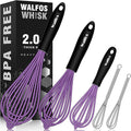 Walfos Whisk, Silicone Whisks Set of 5, Mini Stainless Steel Whisk 7+5in & Non Scratch Coated 7+9+11in Whisks, Suitable for Blending, Whisking, Beating, Frothing & Stirring. (Purple)