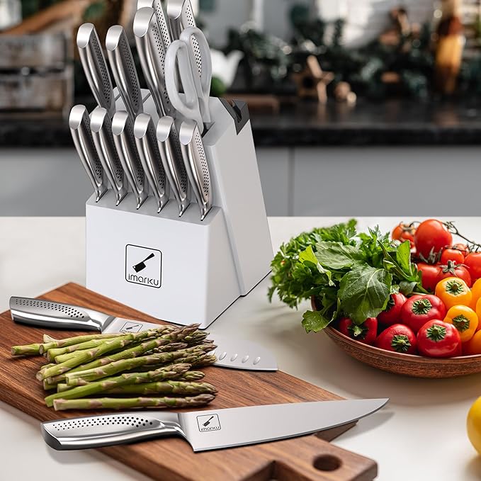 imarku® Knife Set, Japanese HC Stainless Steel 15 PCS Kitchen Knife Set With Block With Built-in Sharpener, Razor-Sharp Blade Knife Block Set With Dotted Ergomomic Handle, Best Birthday Gifts, White