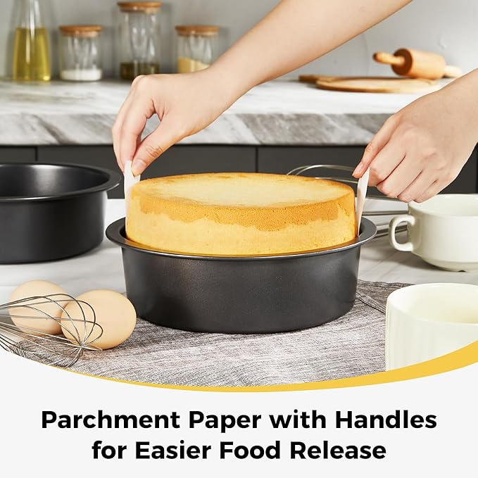 HONGBAKE 6 Inch Round Cake Pan Set for Baking with 30 Pieces Parchment Paper, Nonstick Deeper Circle Cake Pans with Wider Grips, 3 Pieces Layer Cake Tin, Cheesecake Mold, Huty Duty - Grey