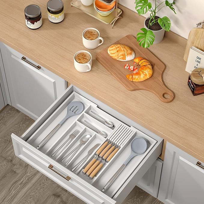 Bamboo-Silverware-Drawer-Organizer-Kitchen, Expandable Utensil Holder Cutlery Tray Flatware Organization Adjustable Wood Tableware Dividers Storage (with Removable Knife Block)(White)