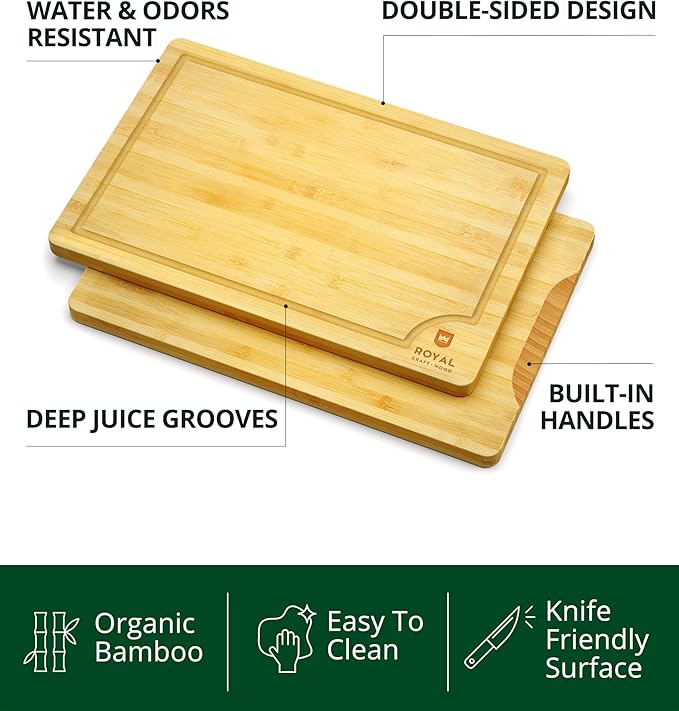 ROYAL CRAFT WOOD Wooden Cutting Boards for Kitchen Meal Prep & Serving - Bamboo Wood Serving Board Set with Deep Juice Groove Side Handles - Charcuterie & Chopping Butcher Block for Meat