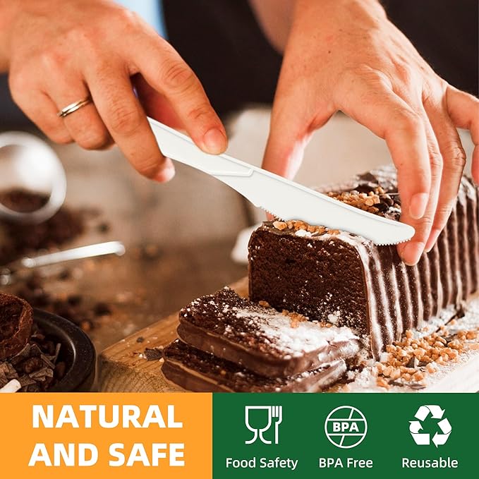 100% Compostable Knives, 7.7" 150pcs Large Disposable Cornstarch Cutlery Heavy Duty Eco-Friendly Utensils Durable and BPI-Certified Party Supplies No Plastic, Ivory White