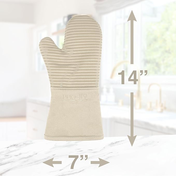 All-Clad Premium Silicone Oven Mitt: Heat Resistant to 500 Degrees - 100% Cotton & Silicone, 14"x7" Pot Holder for Kitchen and Barbeque, (1-Pack), Almond